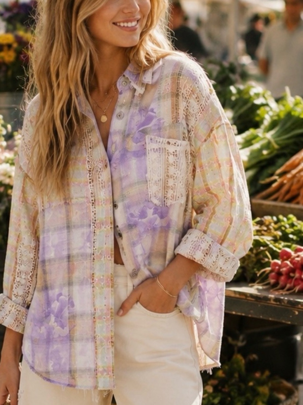 POL Farmers Market Floral and Plaid Top